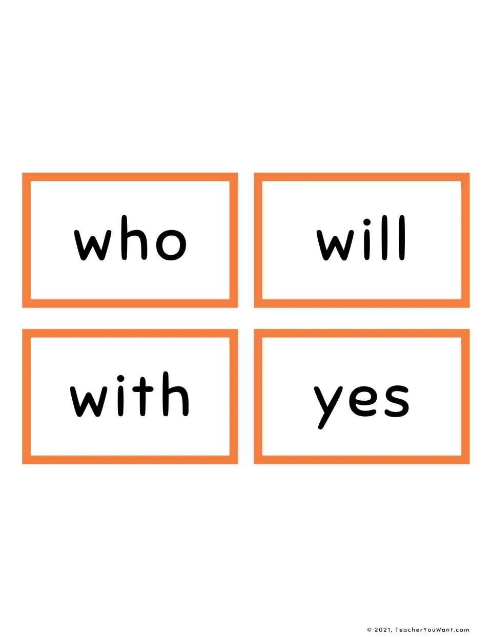 Final four primer word cards for students to read on sight: who, will, with and yes, printed in large lowercase type