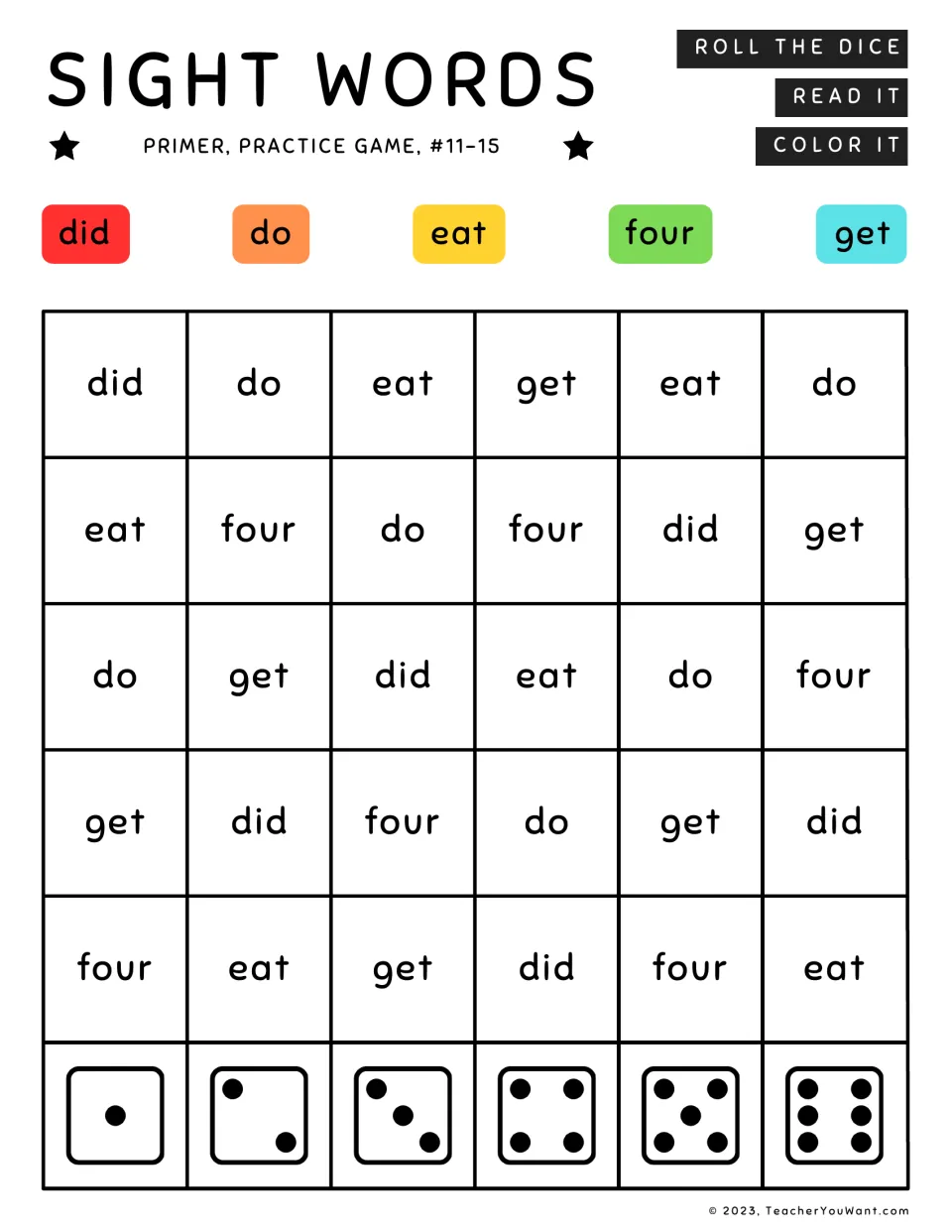 Primer sight words #11-15 dice game: students read did, do, eat, four and get as they roll, coloring each in its key color