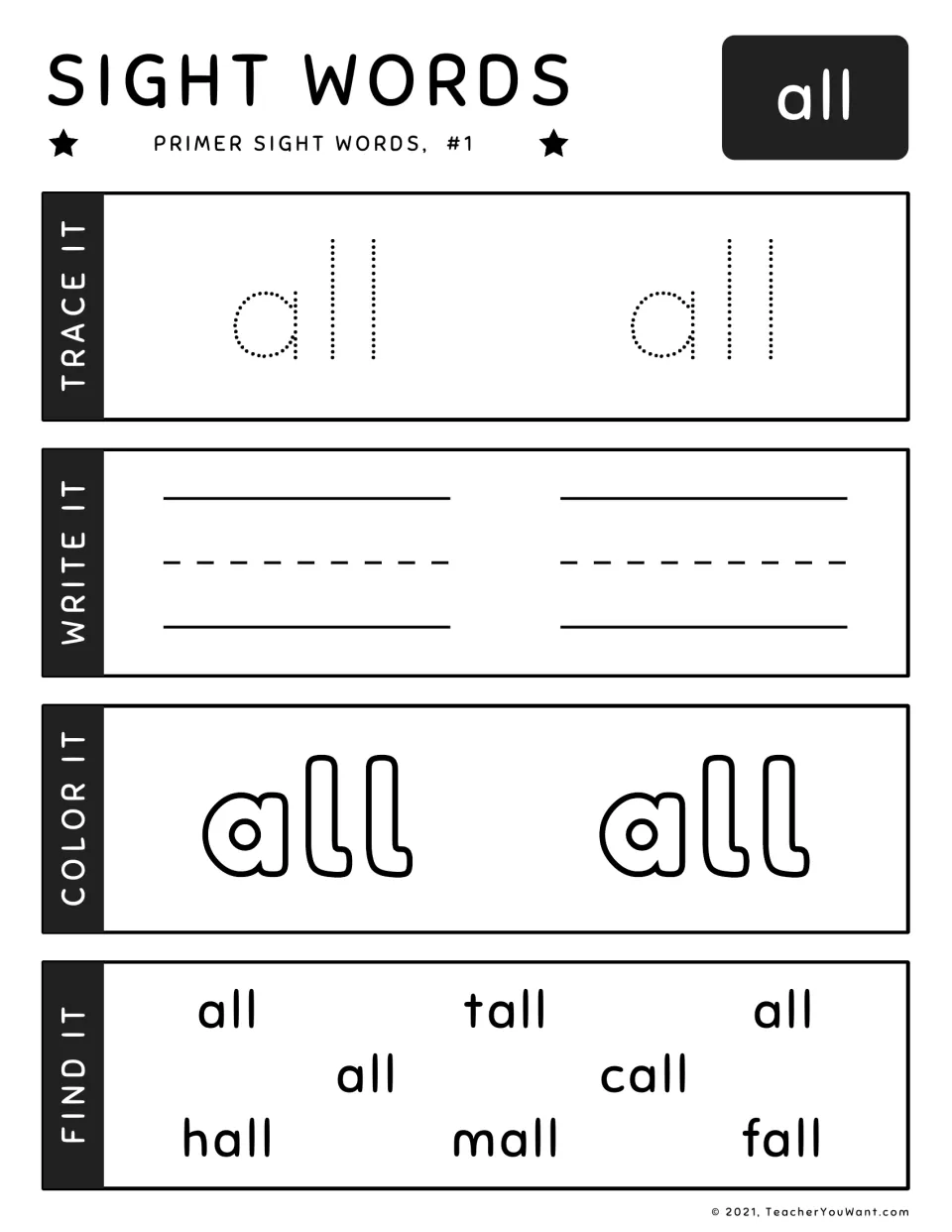 Primer sight word worksheet 1: trace, write, color, and find 'all' among words including 'tall' and 'call'.