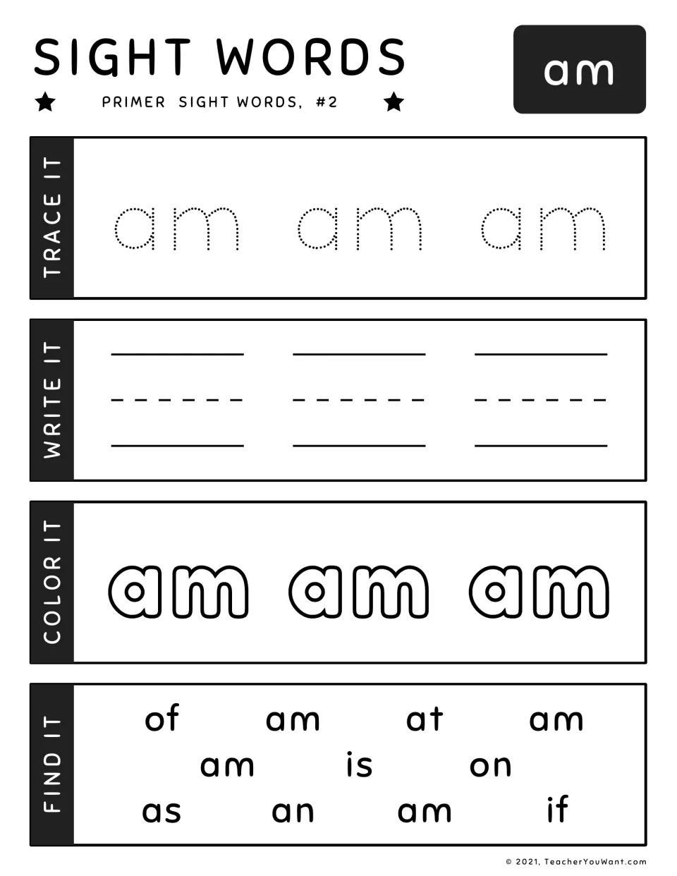 Primer sight word worksheet 2: trace, write, color, and find 'am' among words including 'of' and 'at'.