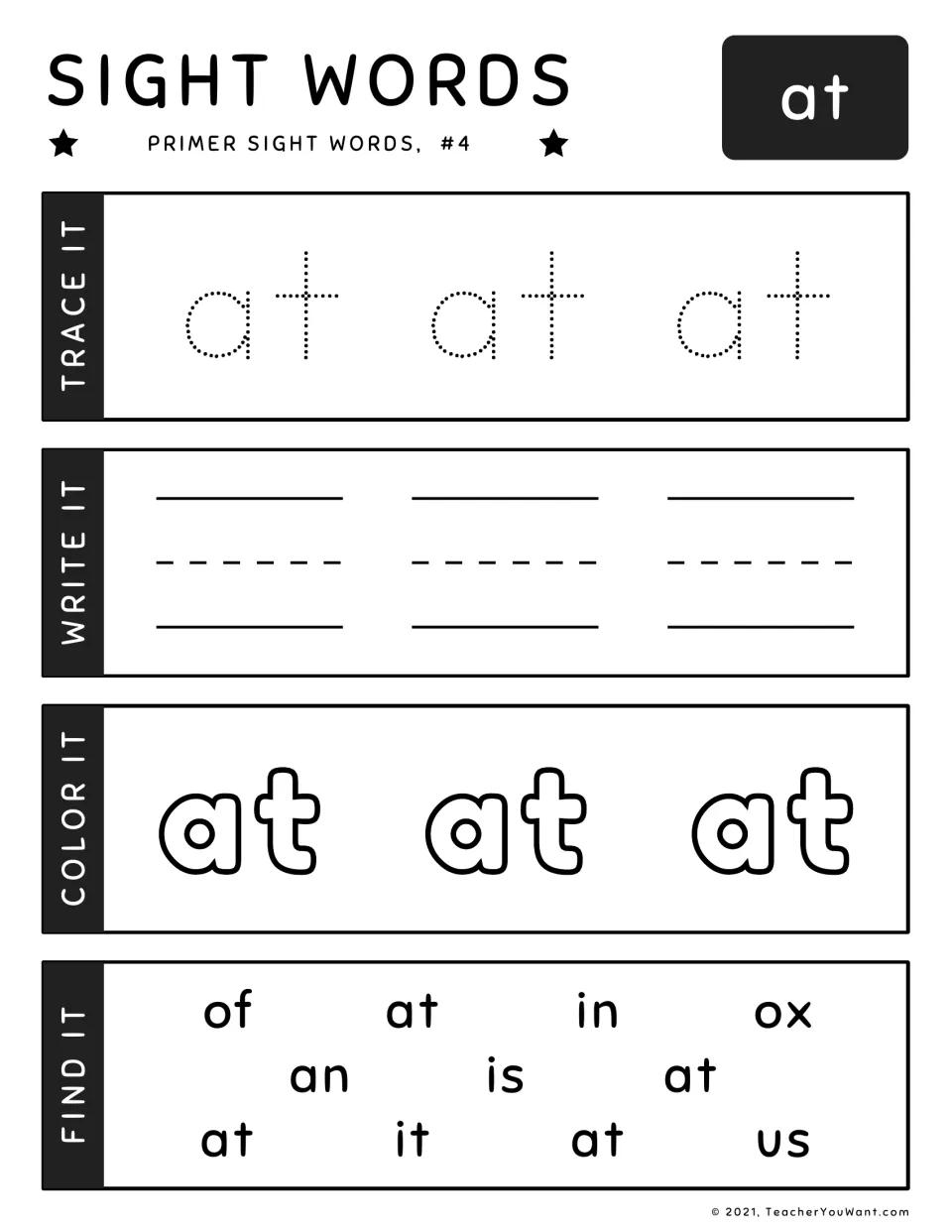 Primer sight word worksheet 4: trace, write, color, and find 'at' among words including 'in' and 'ox'.