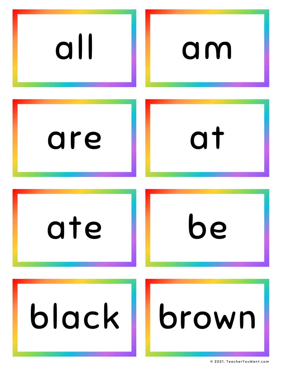 Sight word flash cards: all, am, are, at, ate, be, black and brown, eight cards for students to read on sight