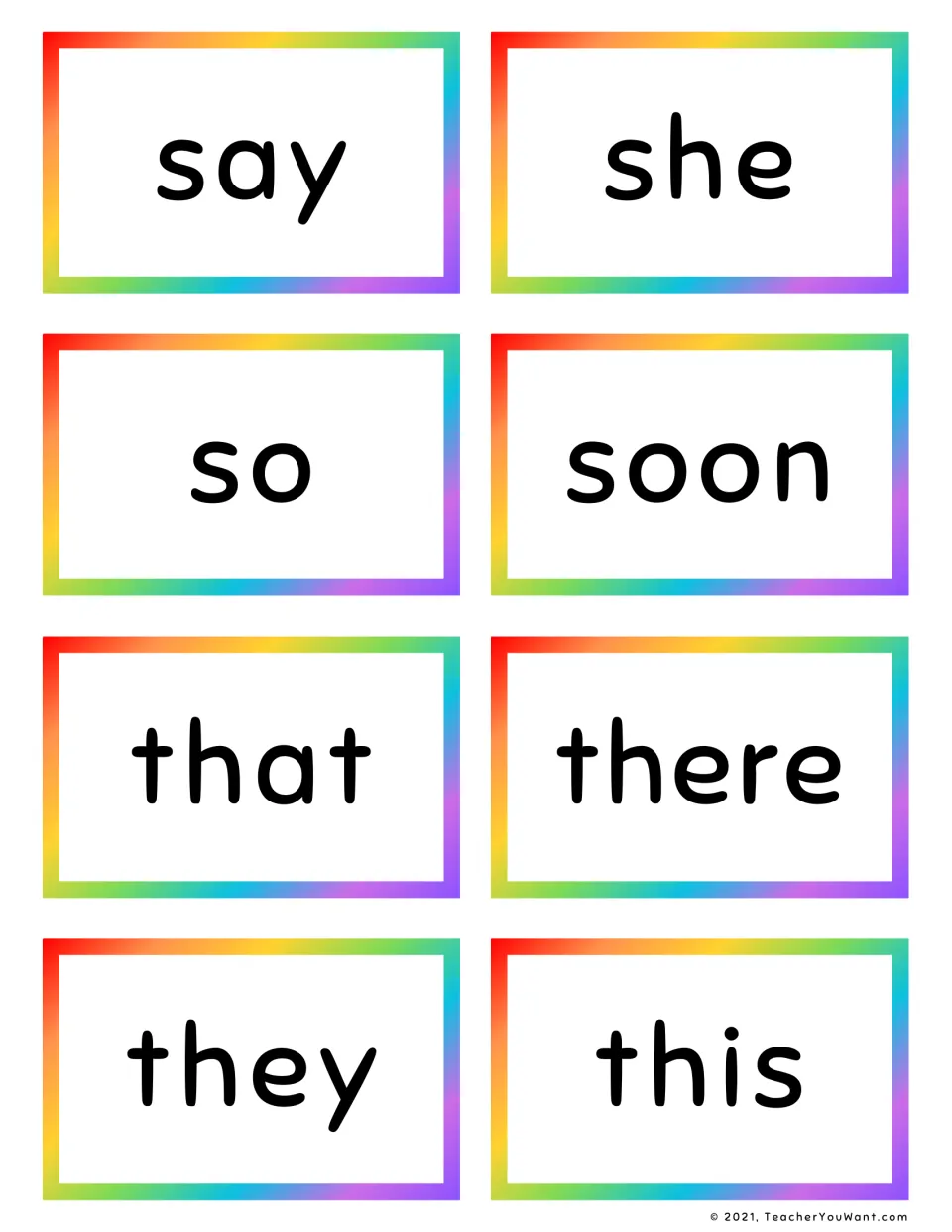 Sight word cards say, she, so, soon, that, there, they and this; students practise instant recognition of each word