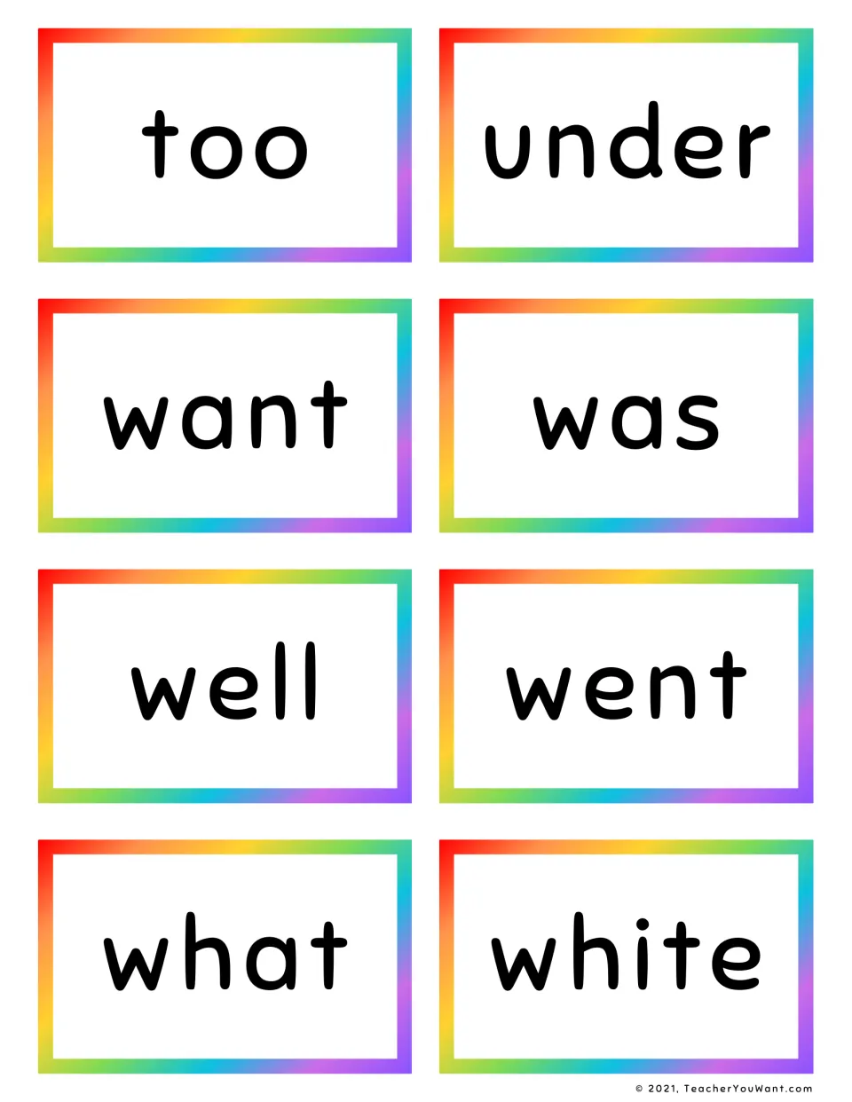 Sight words too, under, want, was, well, went, what and white printed on eight cards for students to read aloud