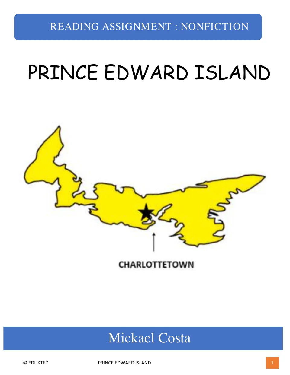 Nonfiction reading packet cover by Mickael Costa, featuring an island map that marks Charlottetown
