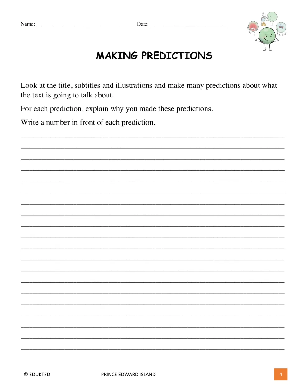 Before-reading prediction activity asks students to use the title, subtitles, and illustrations and explain why