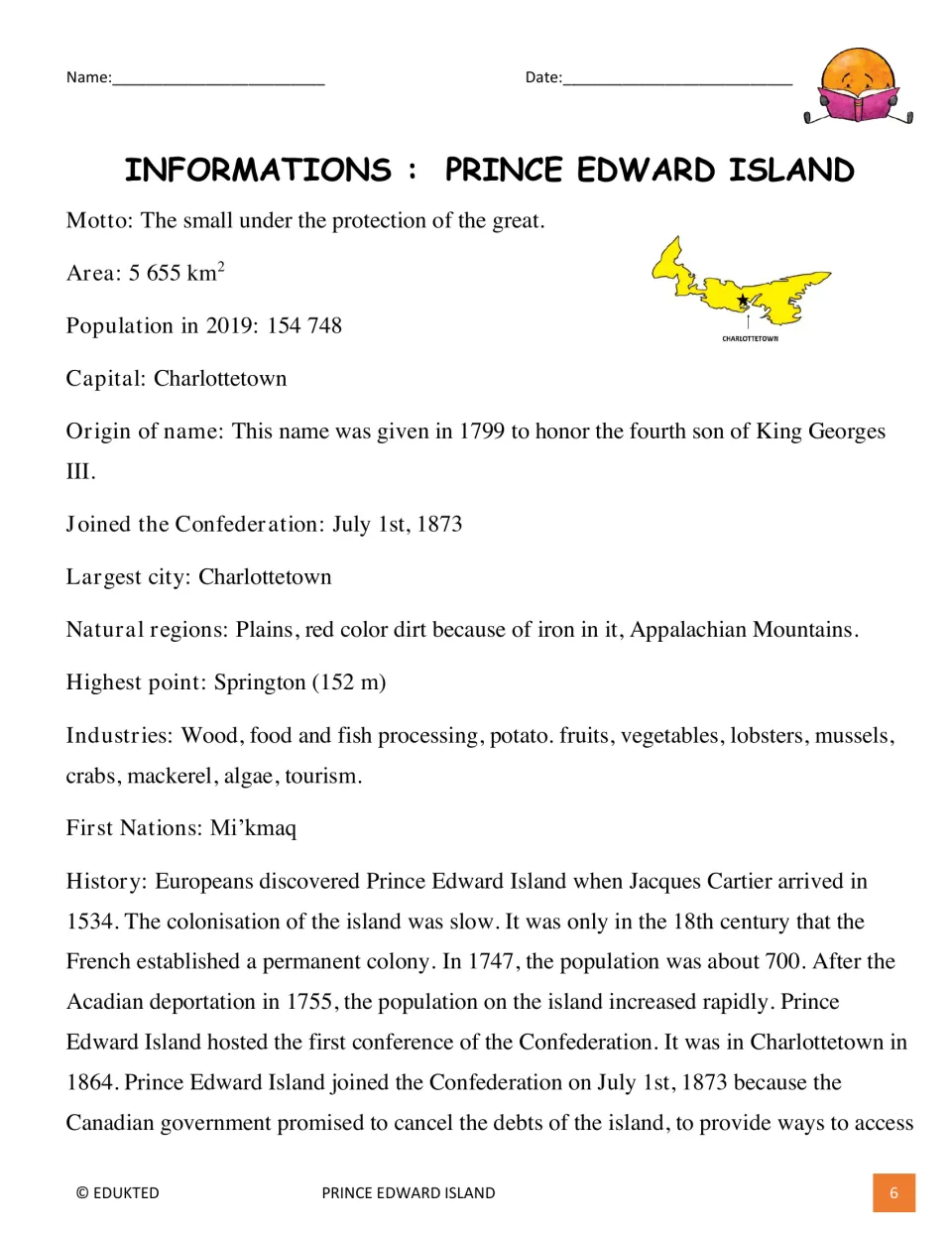 Informational text begins with the island’s motto, area, 2019 population, capital, industries, and history