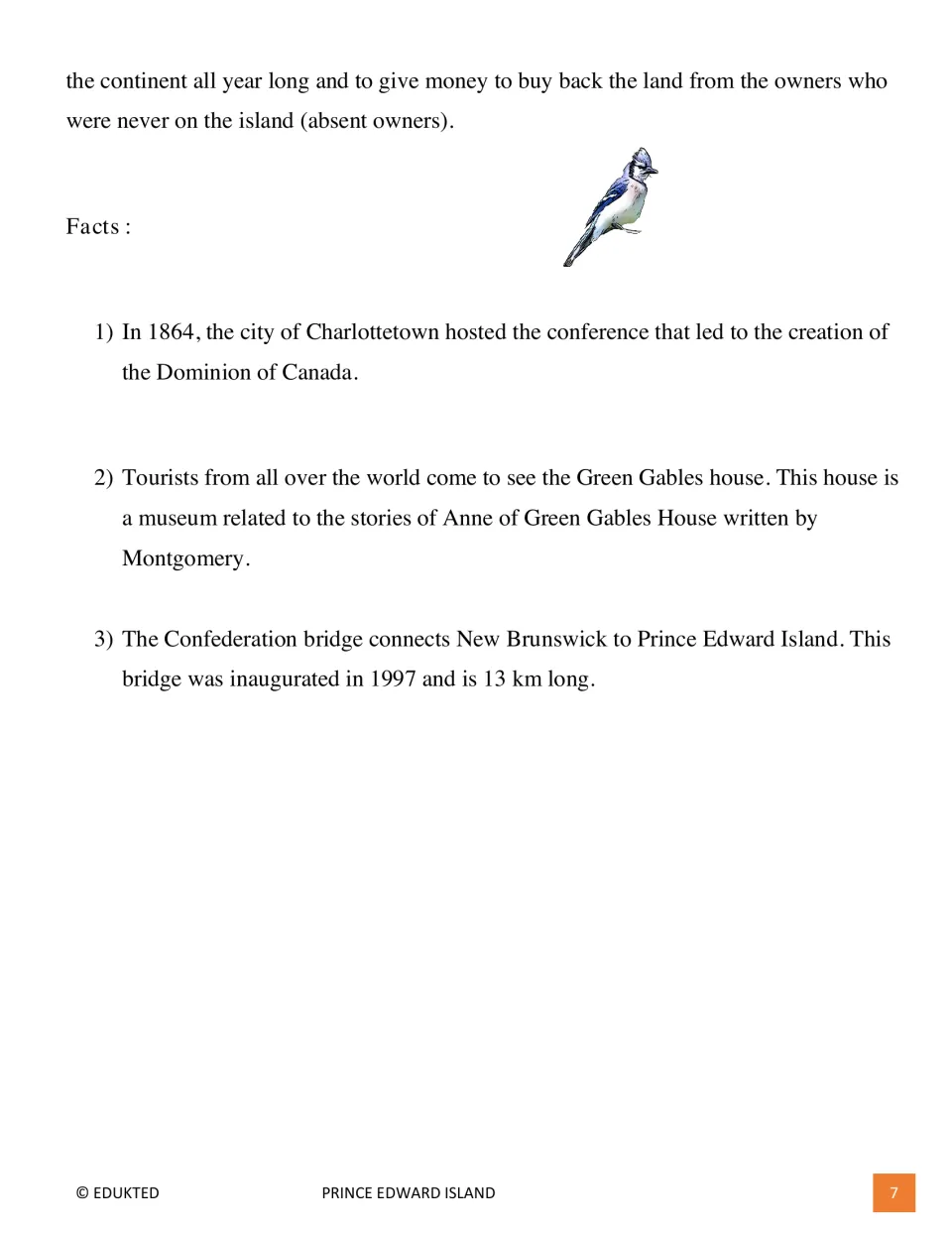 Informational text continues with Confederation history, Green Gables tourism, and Confederation Bridge facts