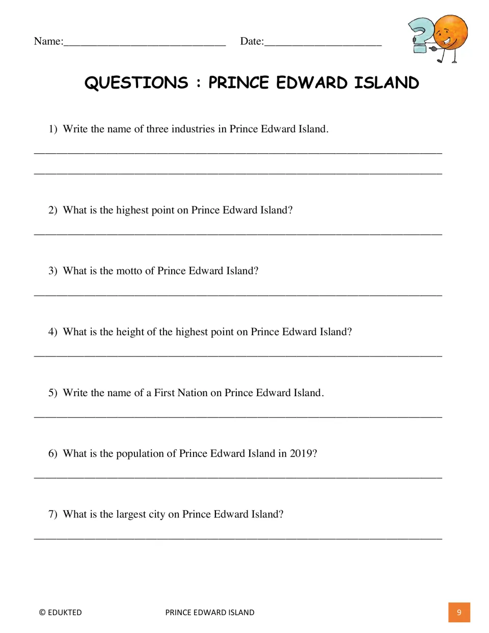 Comprehension questions 1–7 ask about industries, highest point, motto, First Nations, population, and largest city
