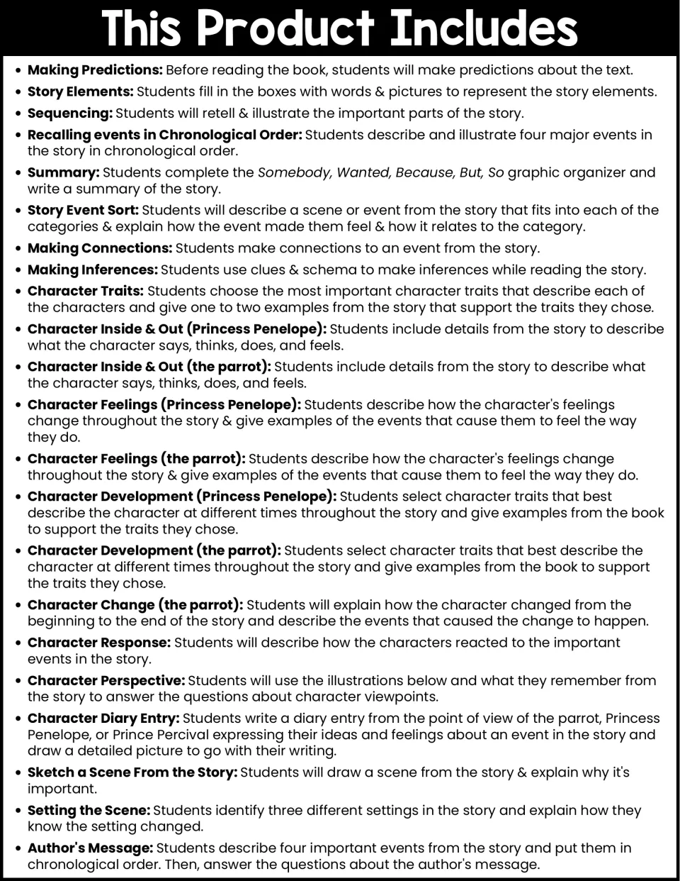 Activity guide lists prediction, sequencing, summary, character analysis, setting, and author's message tasks.