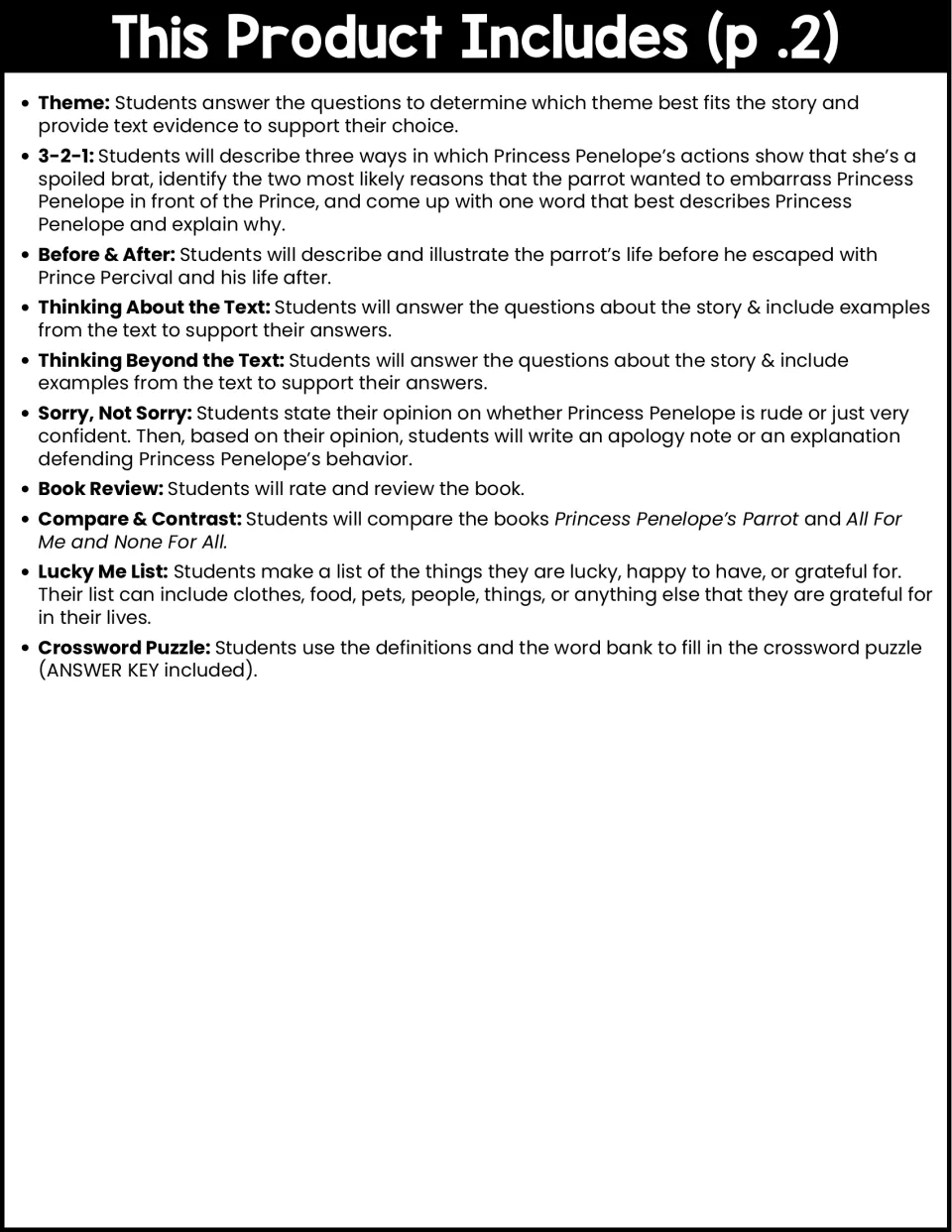 Activity guide continues with theme, text questions, opinion writing, book review, and vocabulary crossword.