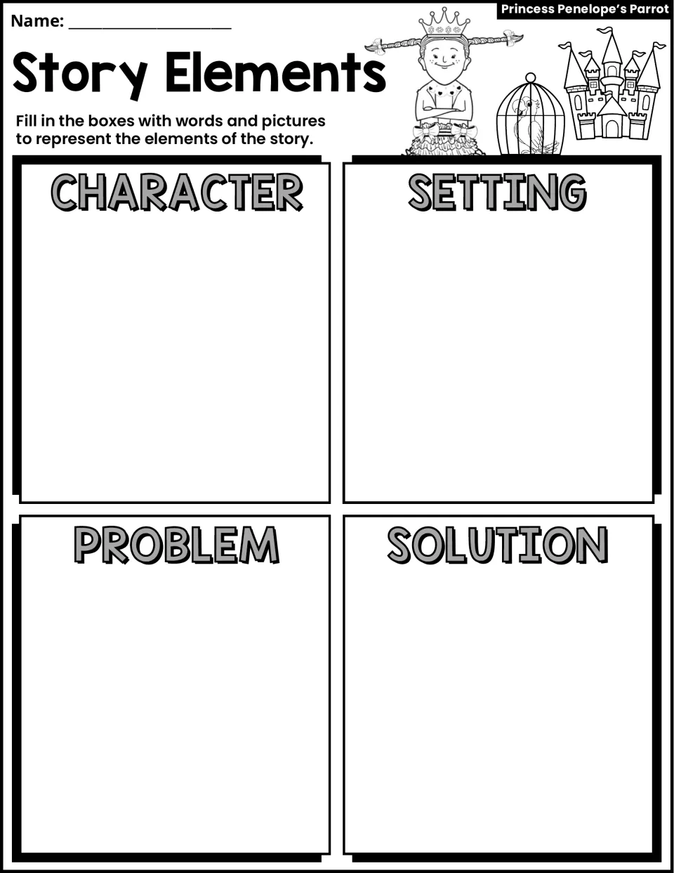 Story Elements activity asks students to use words and pictures for character, setting, problem, and solution.