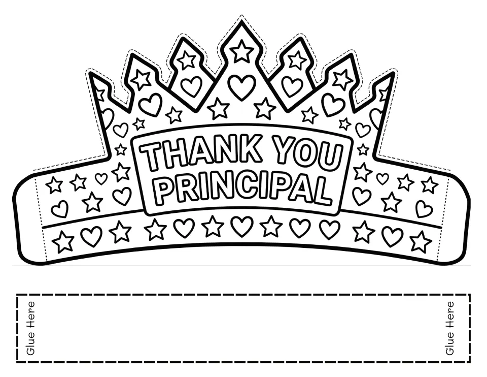 Principal appreciation crown template 1 reads 'Thank You Principal' for students to color, cut, and assemble