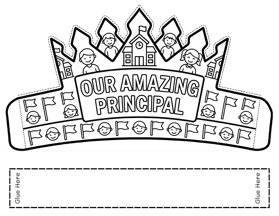 Principal appreciation crown template 3 reads 'Our Amazing Principal' for students to color and assemble