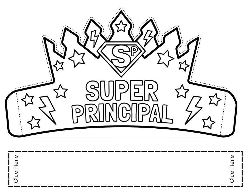 Principal appreciation crown template 4 reads 'Super Principal' for students to color, cut, and assemble