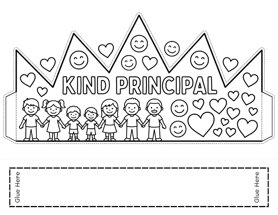 Principal appreciation crown template 8 reads 'Kind Principal' for students to color, cut, and assemble
