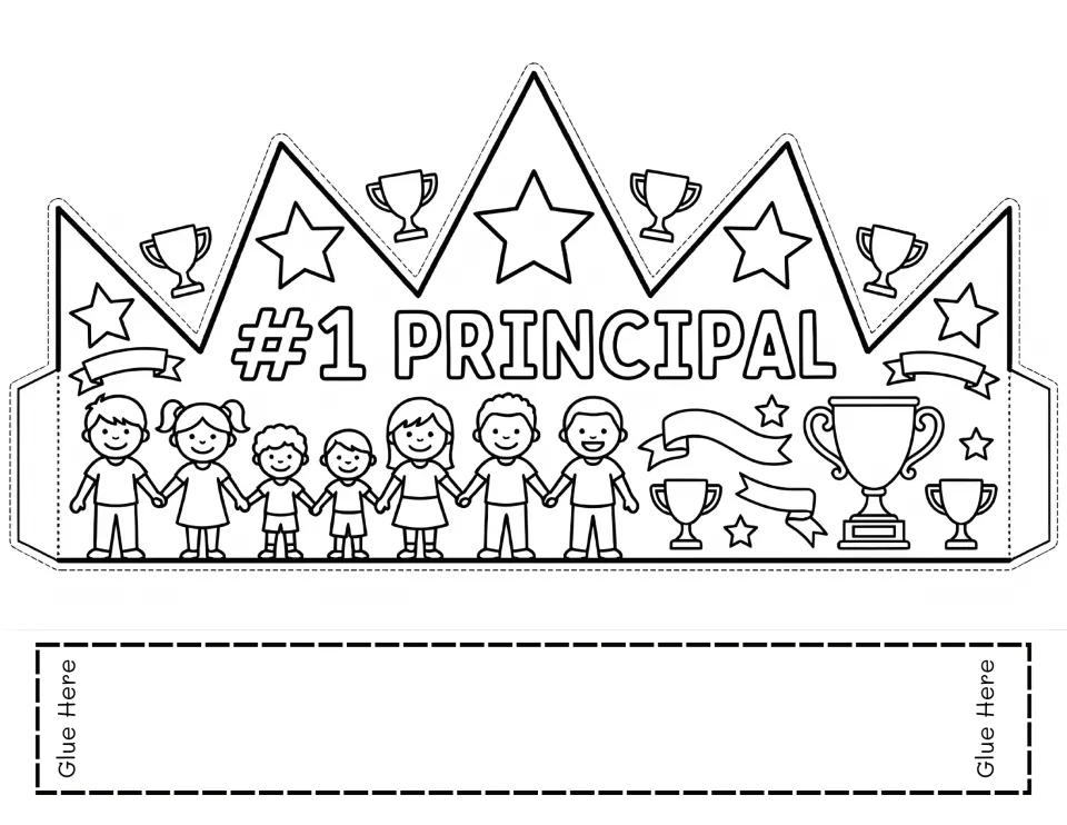 Principal appreciation crown template 9 reads '#1 Principal' for students to color, cut, and assemble