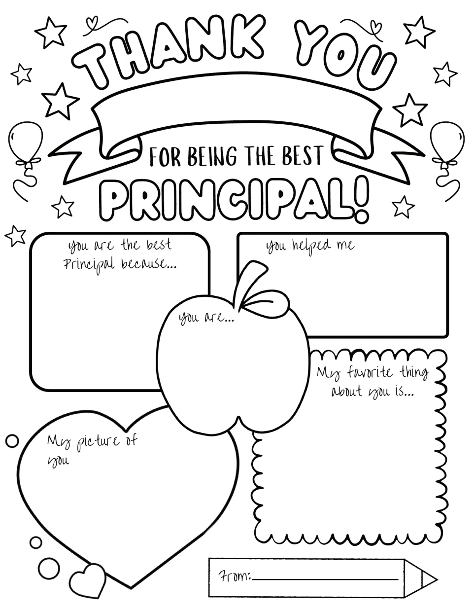 Principal thank-you writing: students finish prompts like You helped me and My favorite thing about you, plus a portrait