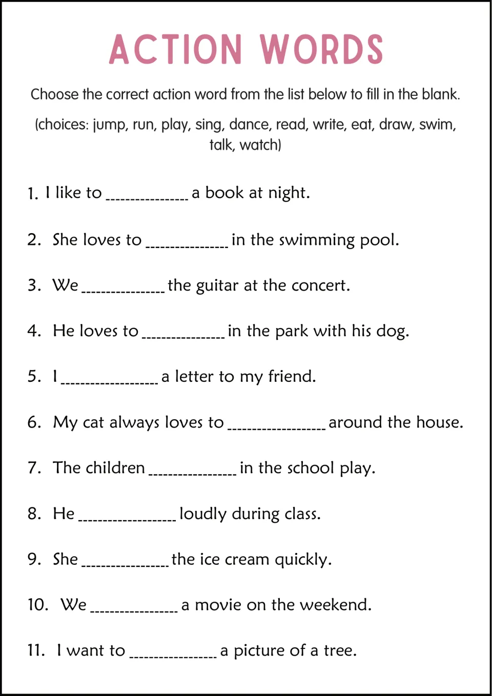 Action words cloze: students pick from a 12-verb word bank (jump, run, sing, read...) to complete 11 sentences