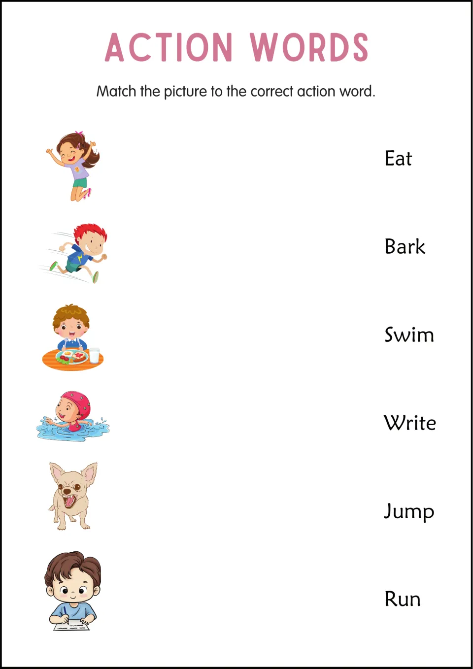 Action word matching: students link six pictures, such as a child jumping and a dog barking, to eat, bark, swim and more