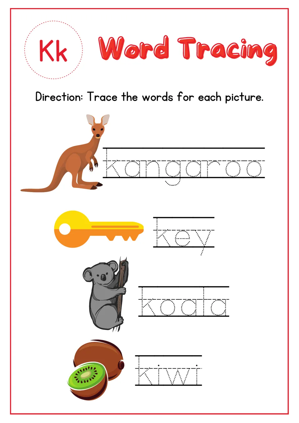 Letter Kk word tracing: students trace the dotted words kangaroo, key, koala and kiwi beside each matching picture