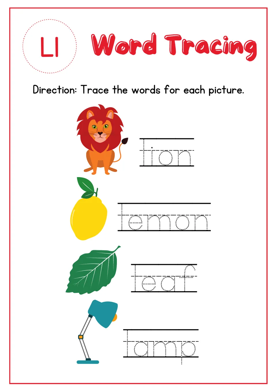 Letter Ll word tracing: students trace the dotted words lion, lemon, leaf and lamp next to each matching picture