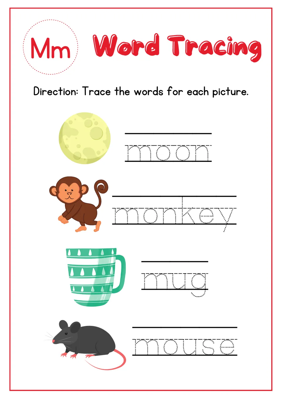 Letter Mm word tracing: students trace dotted words moon, monkey, mug and mouse beside a picture of each one