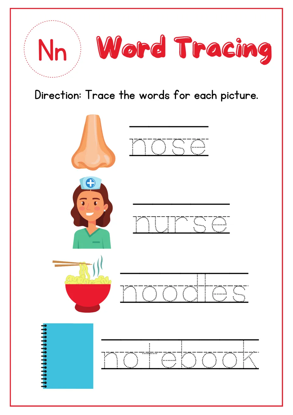Letter Nn word tracing: students trace dotted words nose, nurse, noodles and notebook beside matching pictures