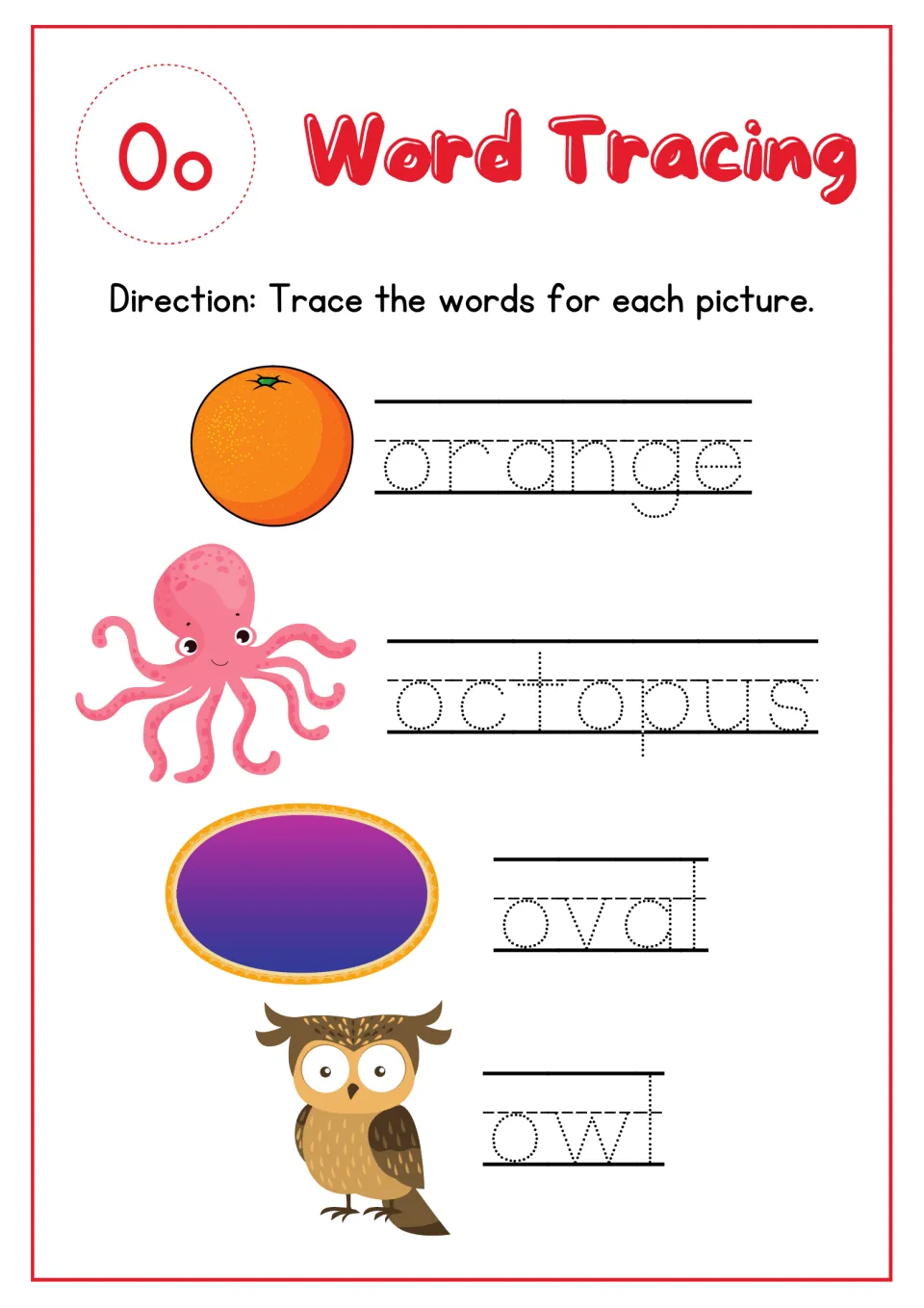Letter Oo word tracing: students trace dotted words orange, octopus, oval and owl next to a picture of each