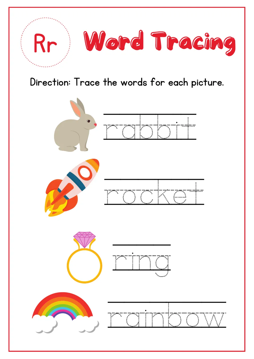 Letter Rr word tracing: students trace dotted words rabbit, rocket, ring and rainbow next to each matching picture