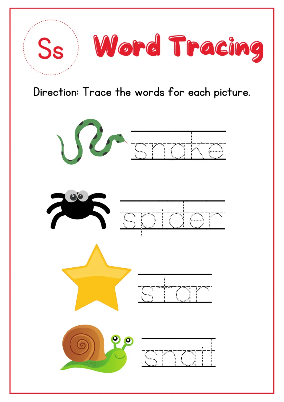 Letter Ss word tracing: students trace dotted words snake, spider, star and snail beside a picture of each one