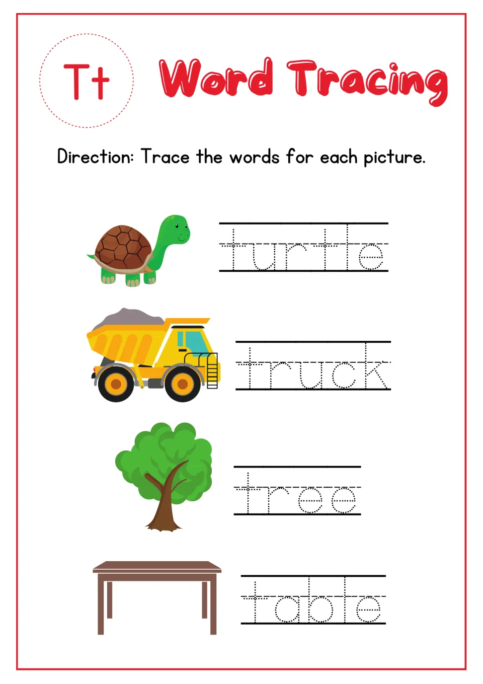 Letter Tt word tracing: students trace dotted words turtle, truck, tree and table beside each matching picture