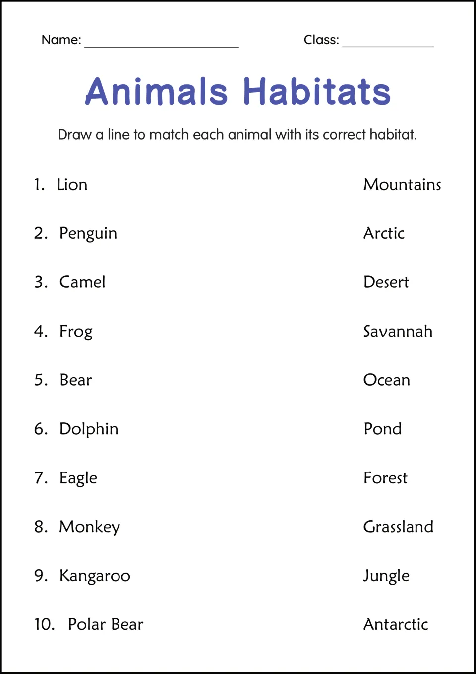 Animal habitats matching: students draw lines to match 10 animals, such as lion, penguin and camel, to habitats like desert