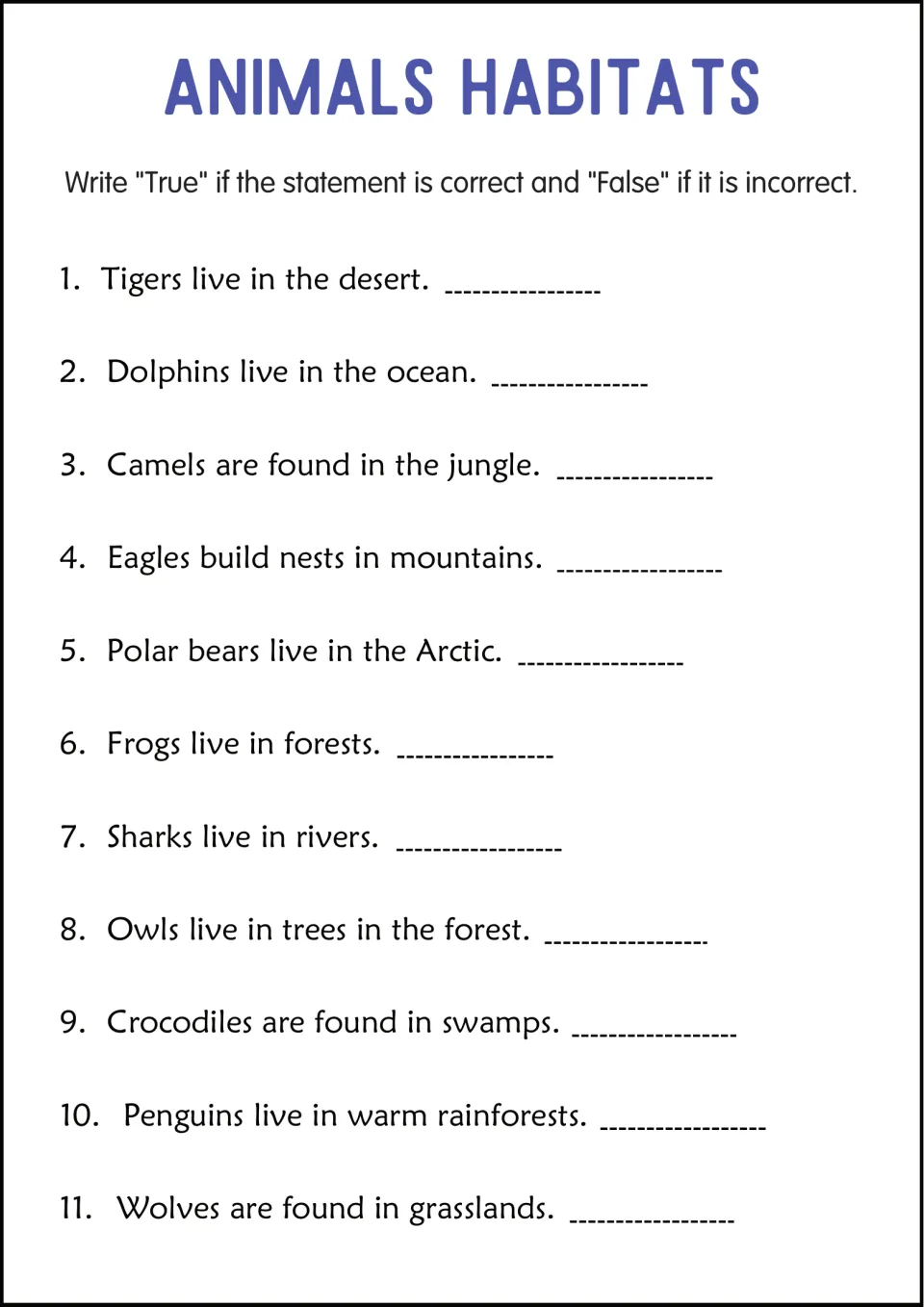 Animal habitat true or false: students judge 11 statements such as "Tigers live in the desert" and write True or False