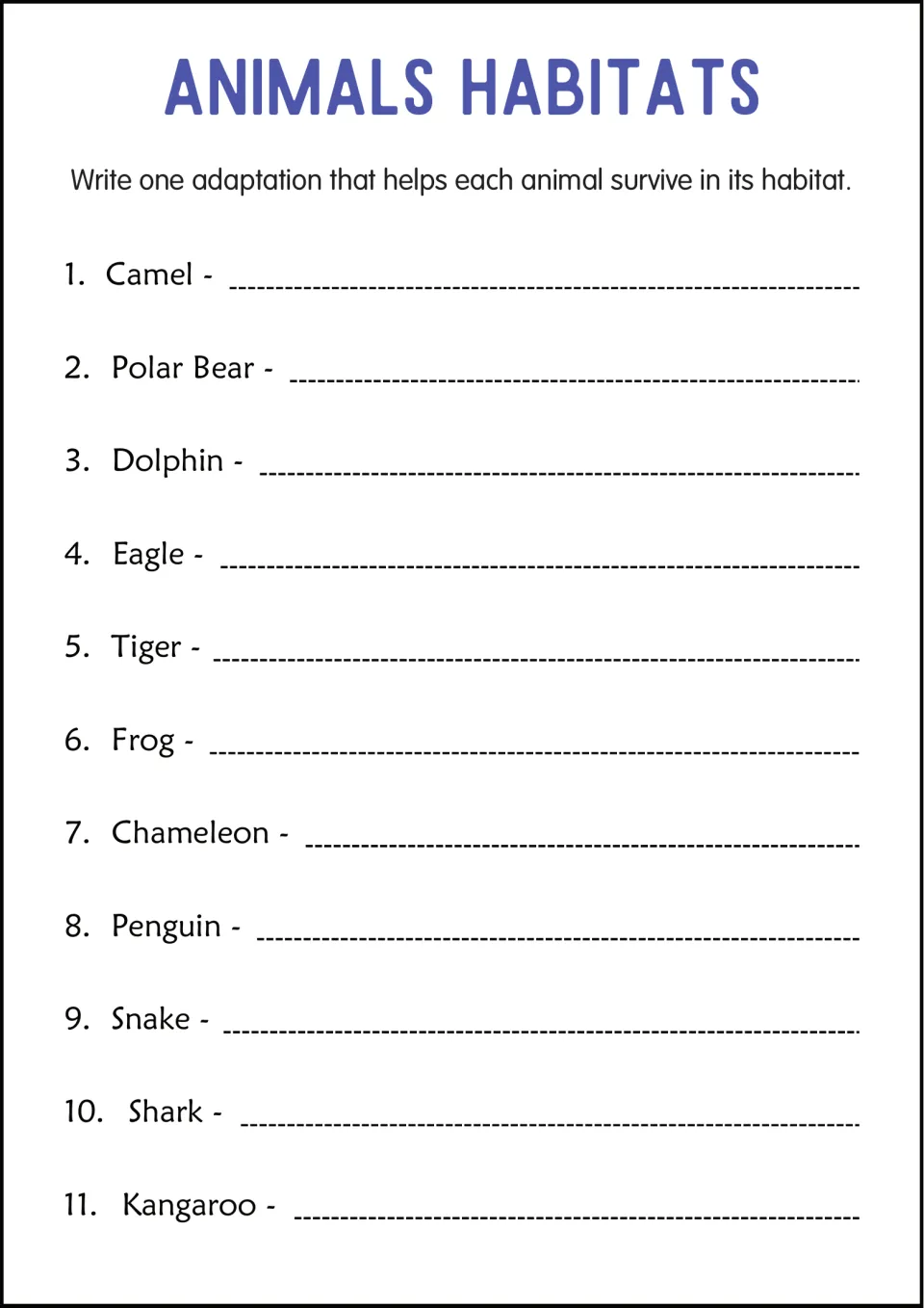 Animal adaptations: students write one adaptation that helps each of 11 animals, from camel to kangaroo, survive its habitat