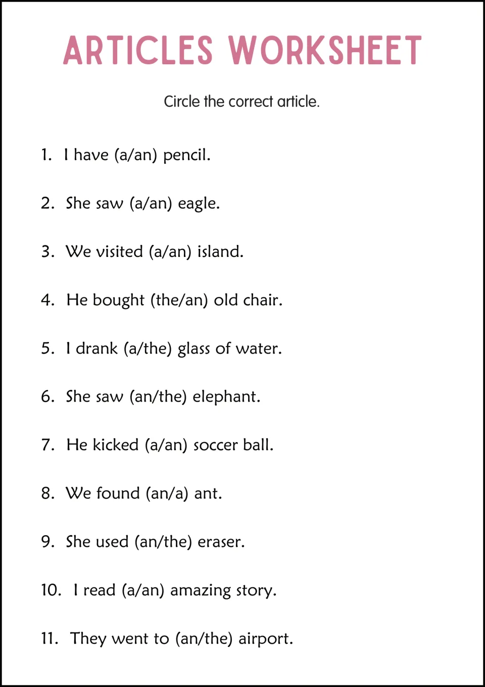 Circle the correct article: students pick between two choices in parentheses, like a/an eagle, in 11 sentences