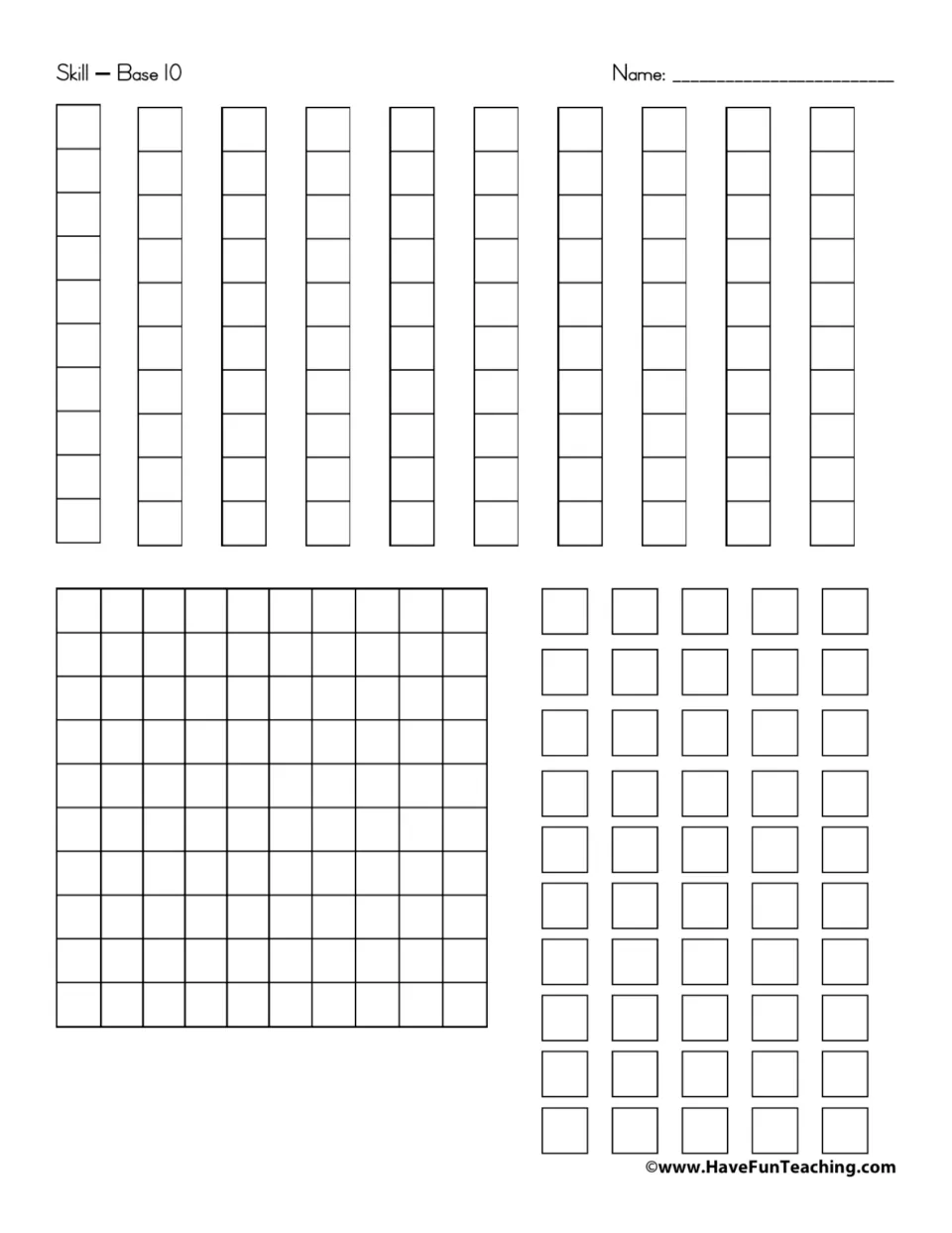 Base 10 blocks to cut out: ten rods of 10, one hundred flat and 50 single units for modeling numbers by place value