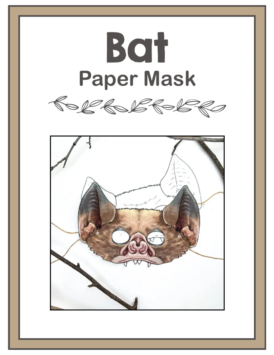 Bat Paper Mask cover: photo of a realistic brown bat mask, half colored and half outline, tied with string among twigs