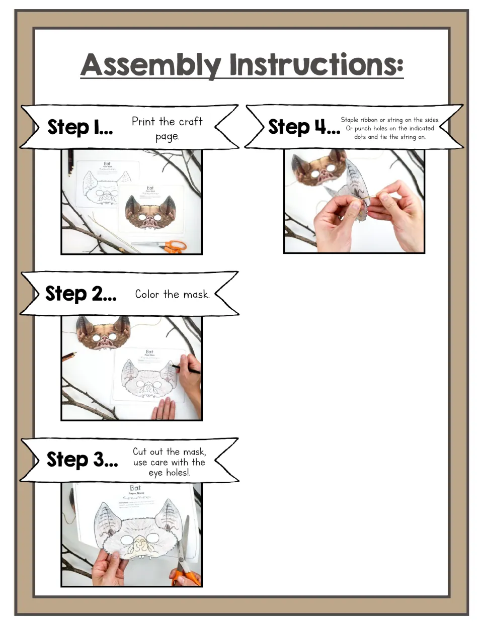 Assembly instructions in 4 photo steps: print the craft page, color the mask, cut it out with eye holes, attach string