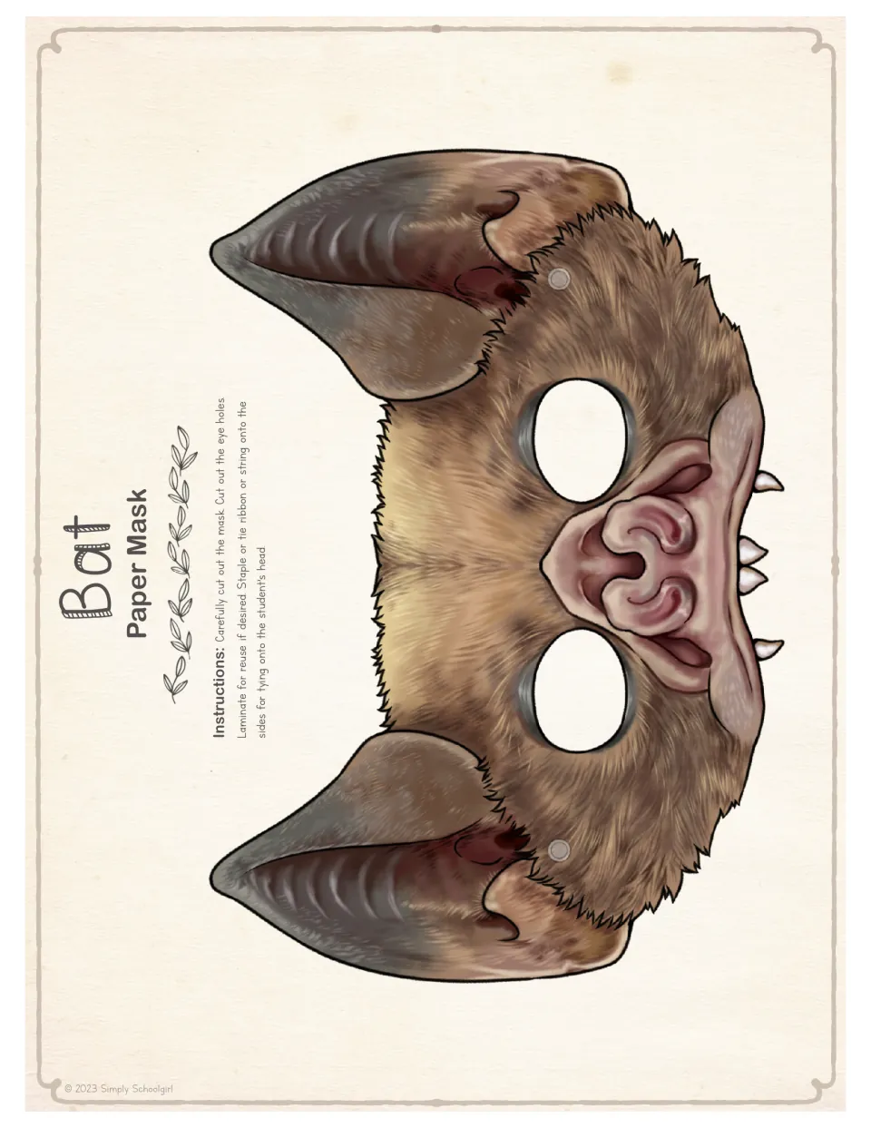 Full-color realistic bat face mask template with fur, fangs and large ears; students cut out the mask and its eye holes