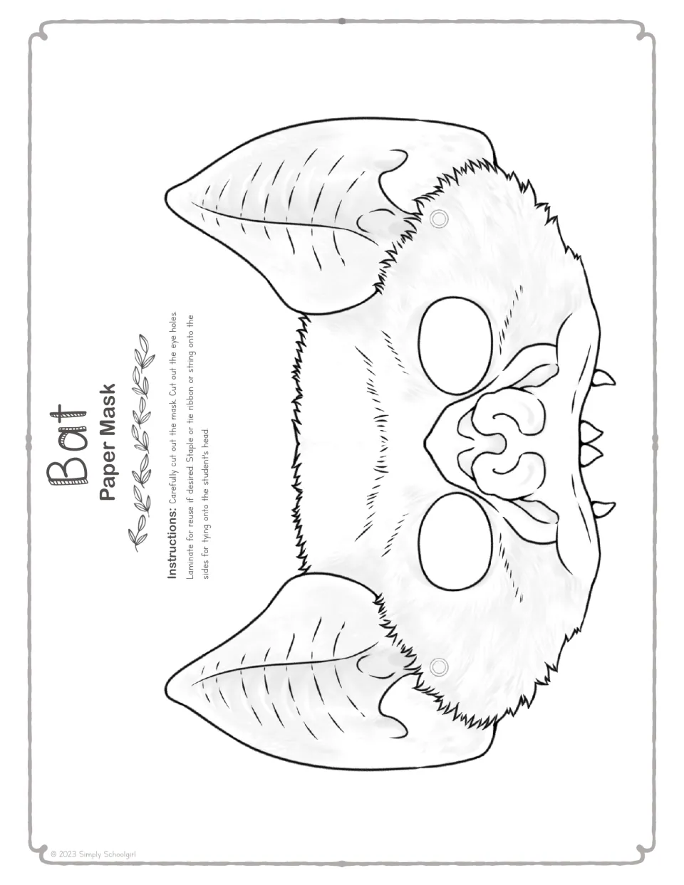 Black-and-white bat face mask outline for students to color, cut out and tie on with ribbon or string at the punch dots