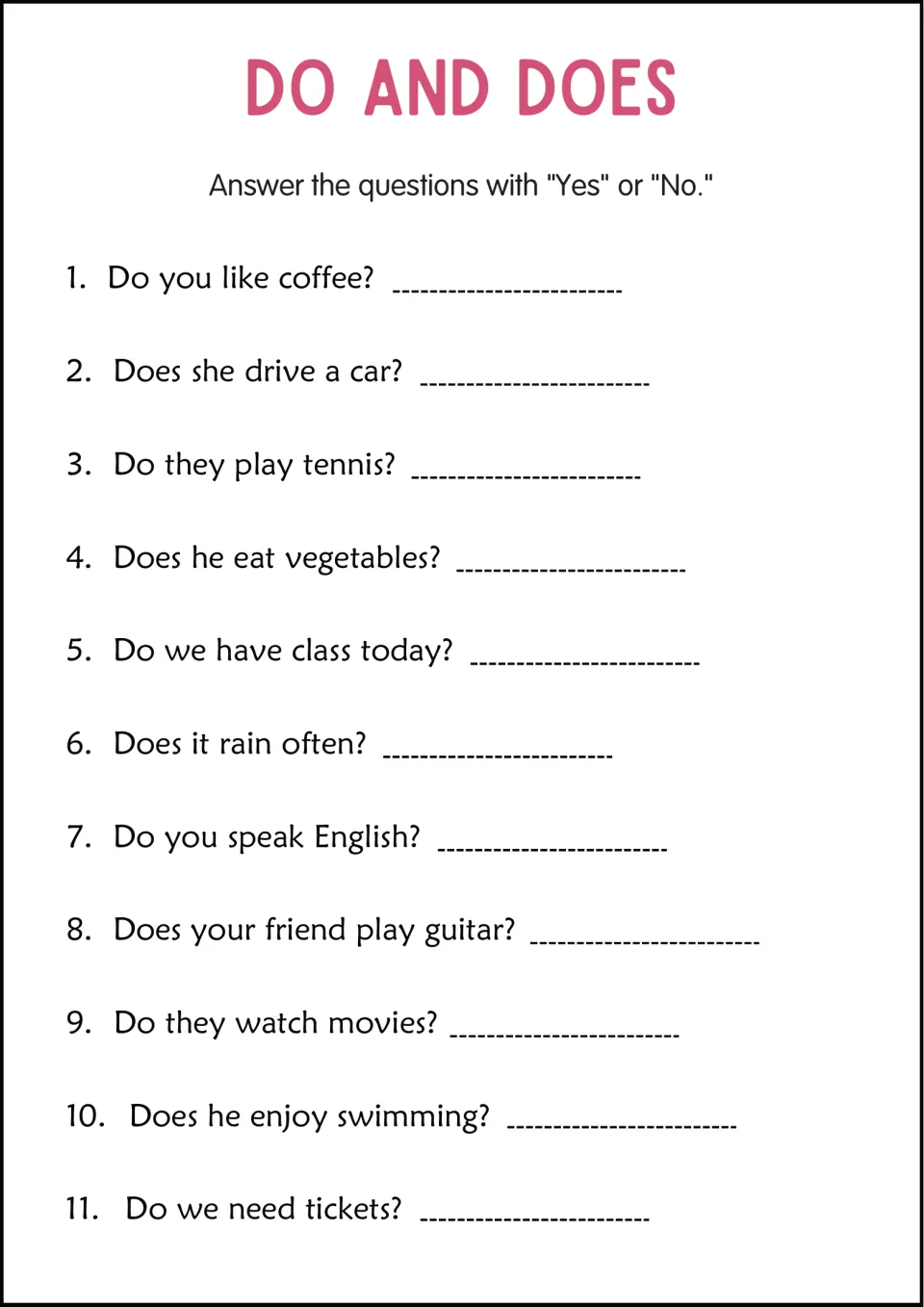 Do and Does short answers: students answer 11 questions such as "Does she drive a car?" with Yes or No