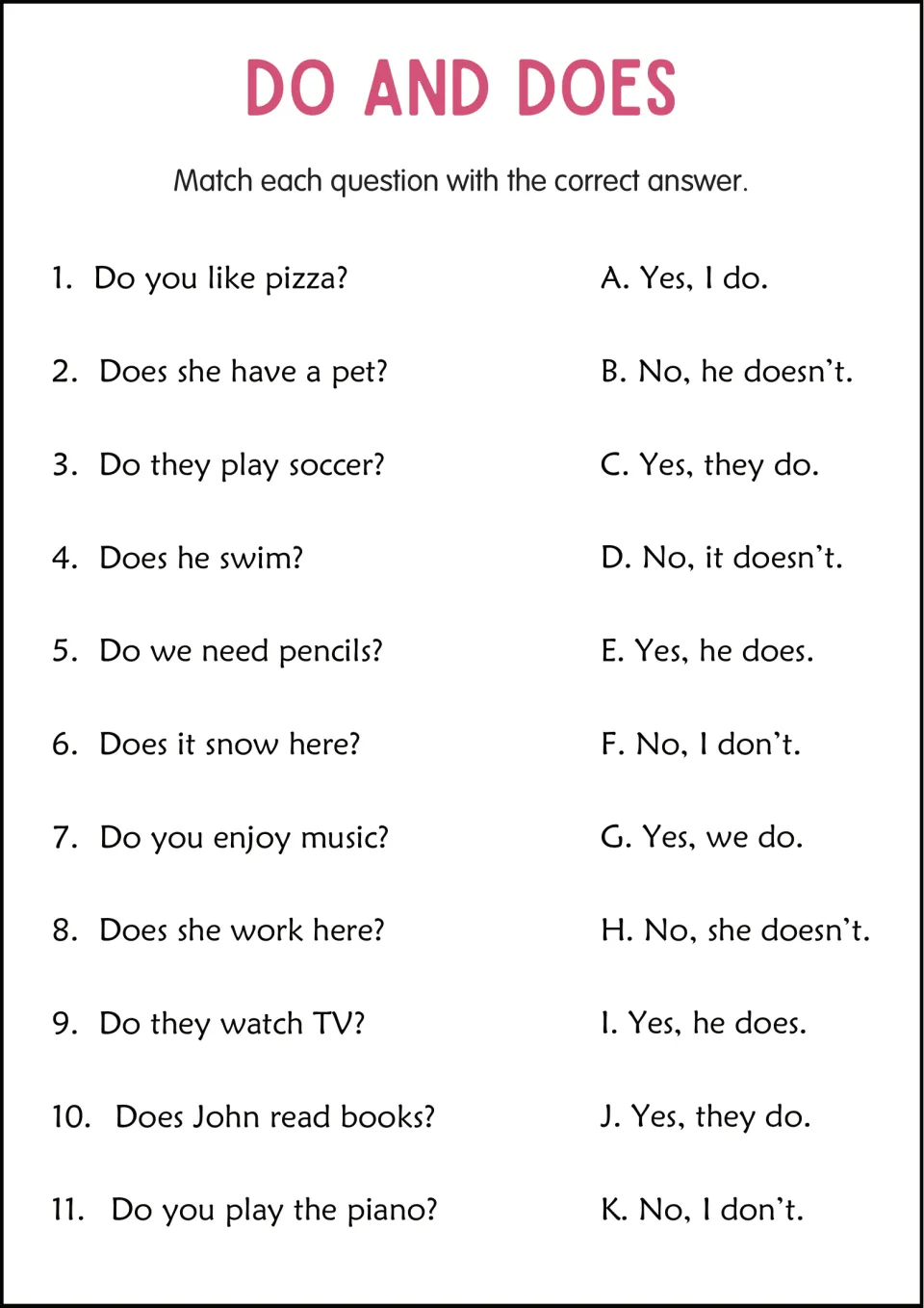 Do and Does matching: students match 11 questions like "Does he swim?" to short answers such as "Yes, he does."