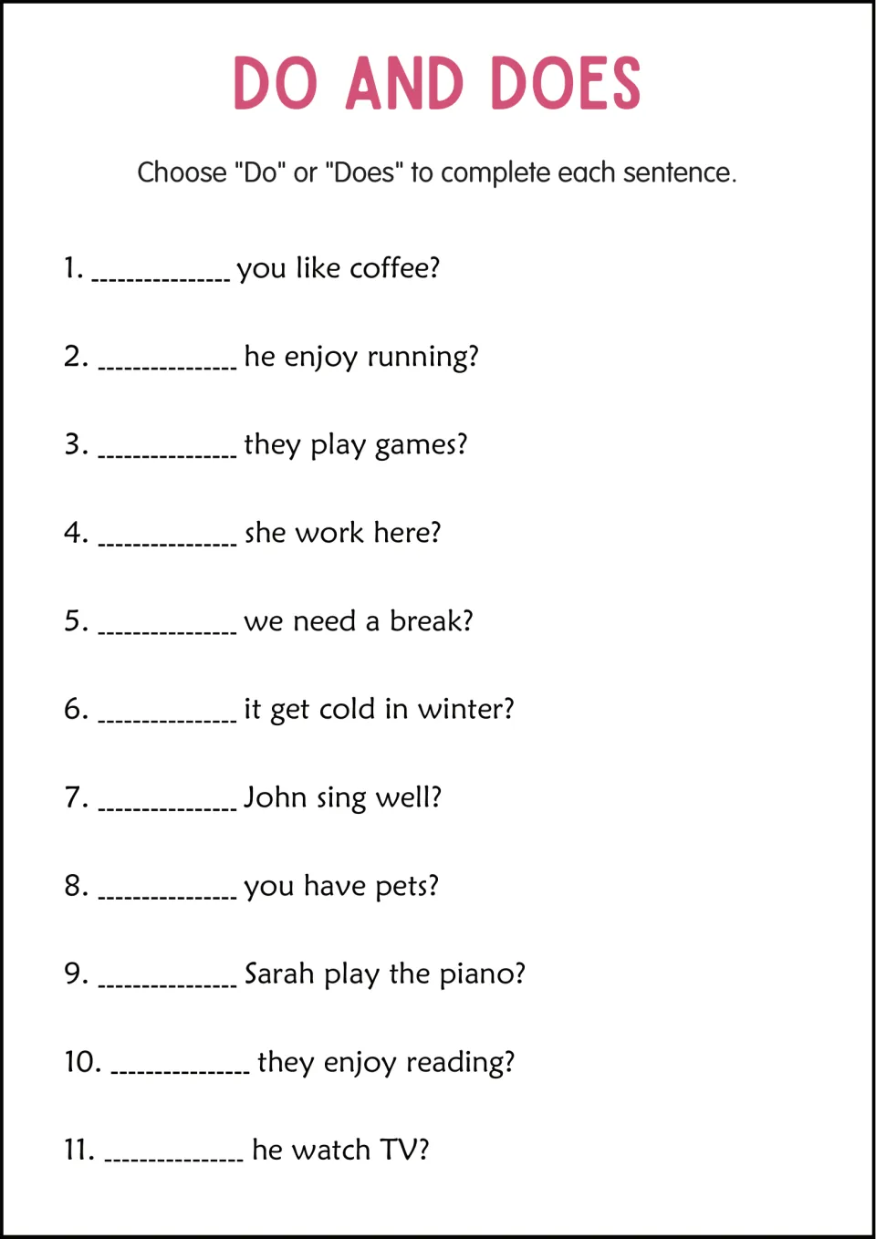 Do and Does choice practice: students complete 11 questions like "___ John sing well?" by choosing Do or Does