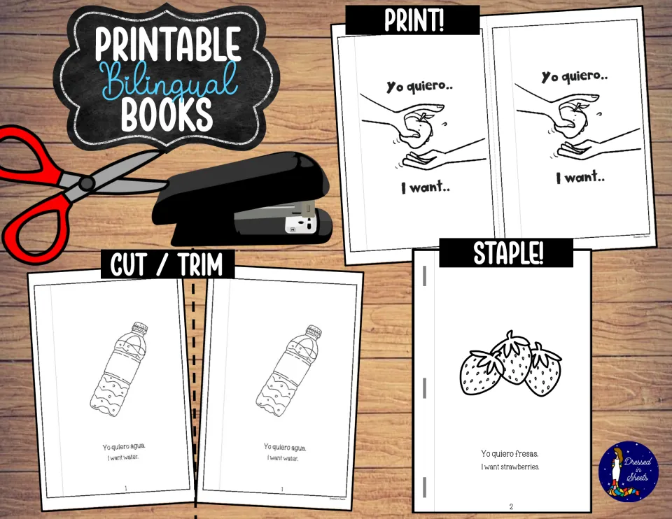 Printable Bilingual Books cover: Yo quiero / I want mini-book pages shown with print, cut/trim and staple steps