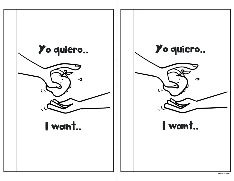 Yo quiero / I want booklet cover printed twice, hands passing an apple, to cut apart for two Spanish-English readers
