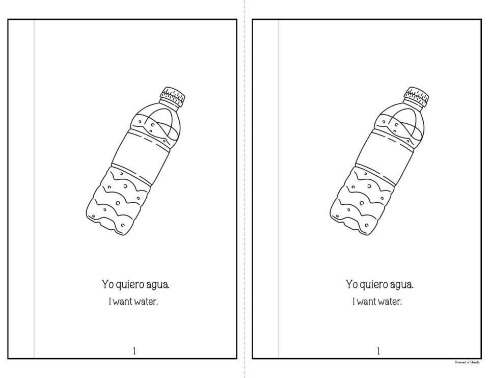Mini-book page 1: 'Yo quiero agua. I want water.' beside a water bottle drawing, printed twice for students to read
