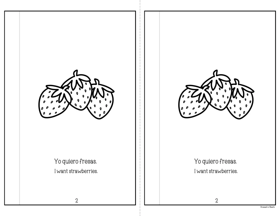 Mini-book page 2: 'Yo quiero fresas. I want strawberries.' with three strawberries, a Spanish food word to read