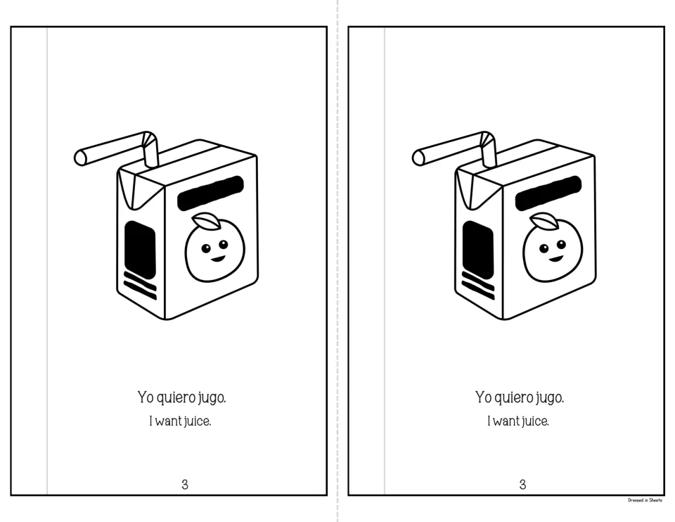 Mini-book page 3: 'Yo quiero jugo. I want juice.' with a juice box and straw, pairing the Spanish and English sentence