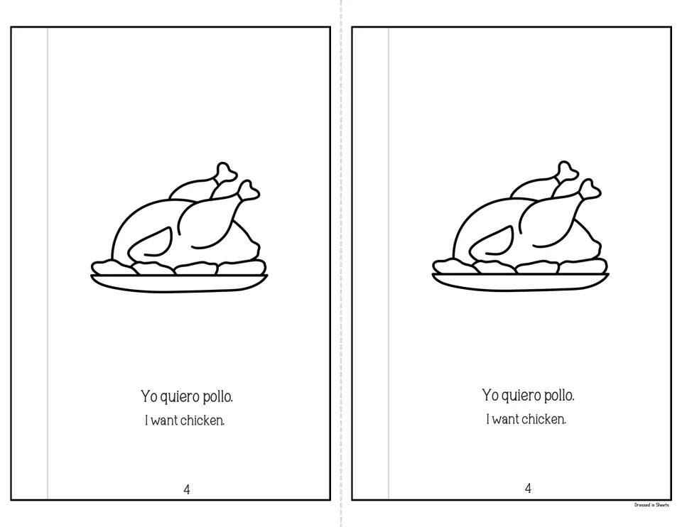 Mini-book page 4: 'Yo quiero pollo. I want chicken.' with a roast chicken on a platter for reading the Spanish word